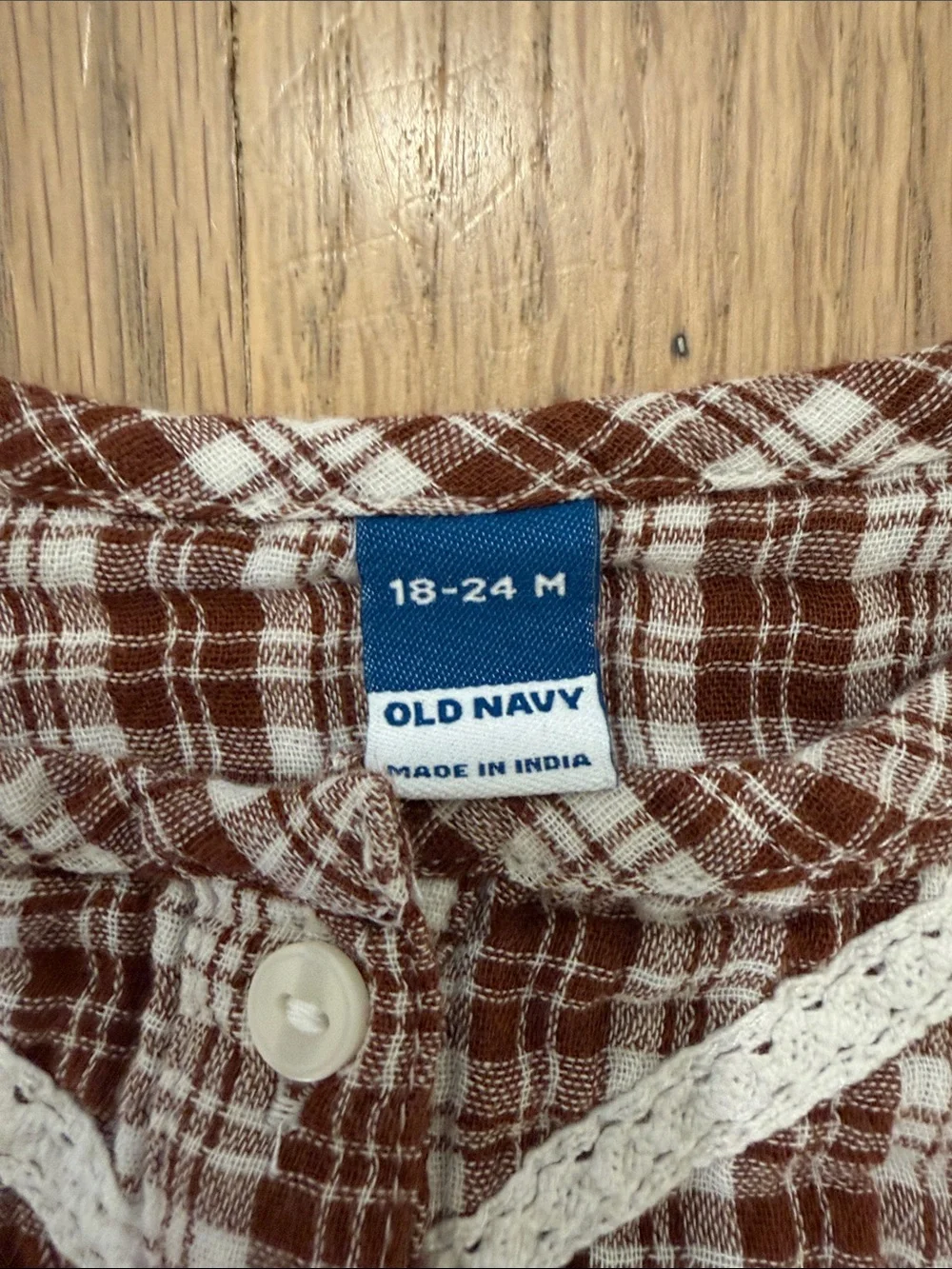 Old Navy Girls' Brown 100% Cotton Plaid Button-Front Top with Lace Trim 24m NWOT